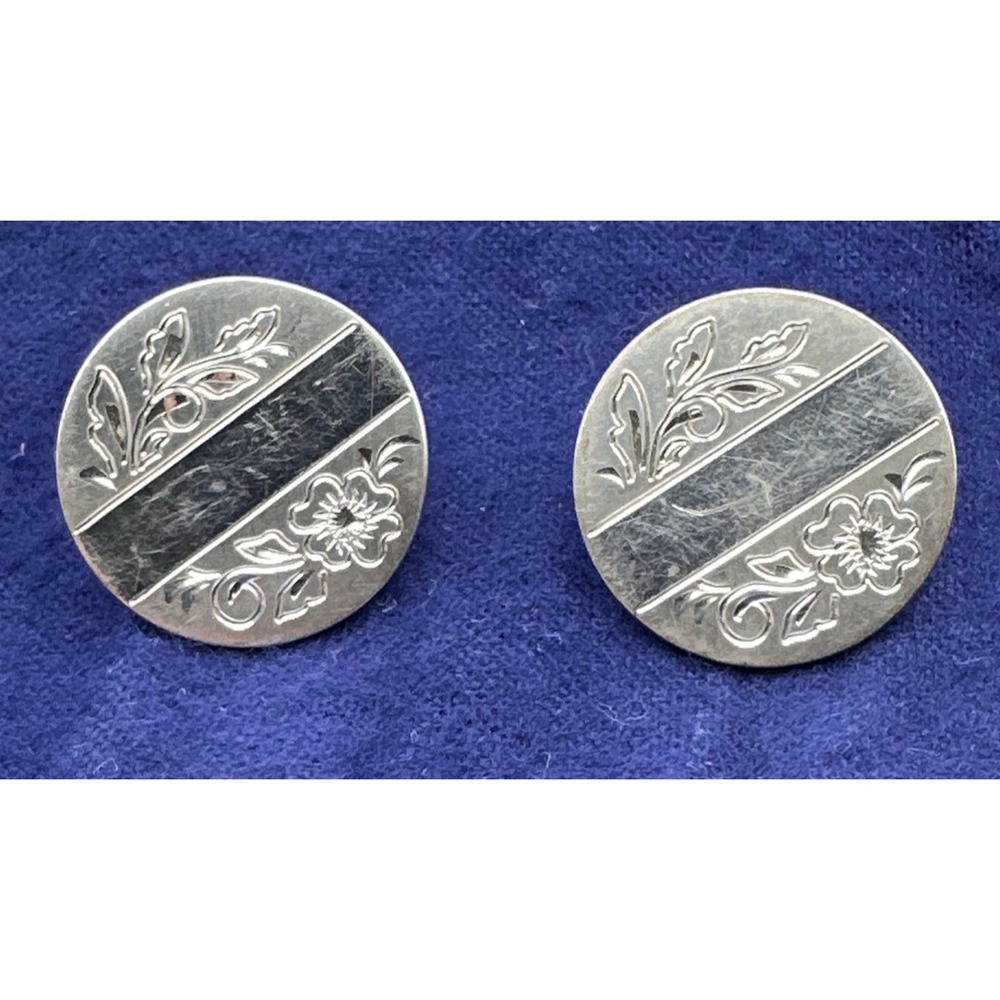 Vtg Signed Wells Sterling Silver Cufflinks Etched Floral Motif 1 in Round